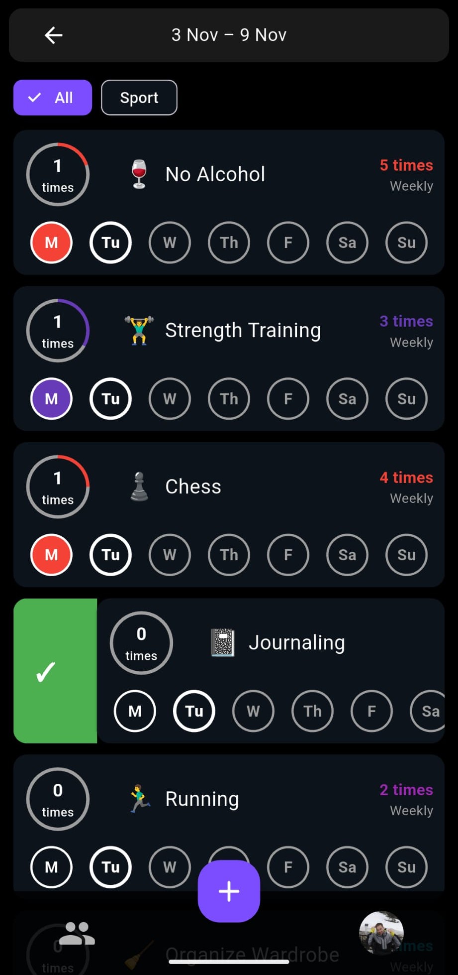 Habitat app screenshot showing weekly habits with friends
